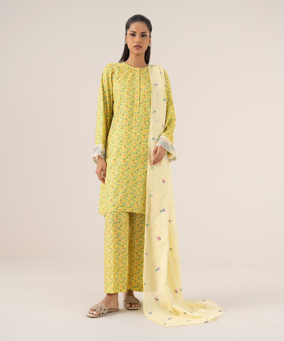 Women's RTW Arabic Lawn Yellow Printed A-Line Shirt