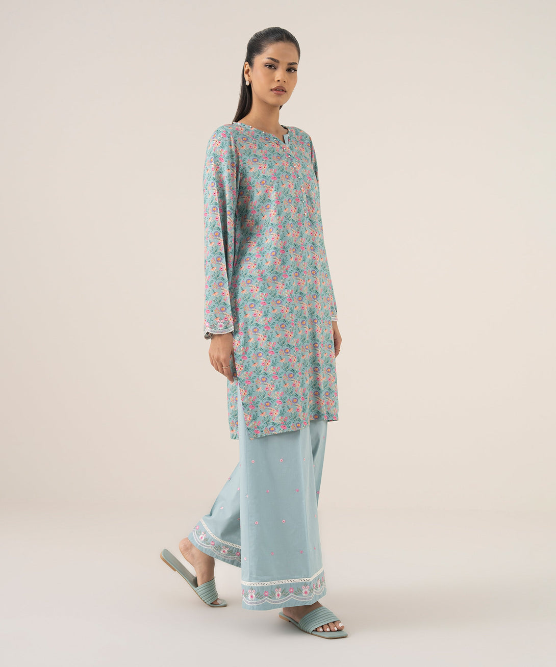 Women's RTW Arabic Lawn Blue Printed A-Line Shirt