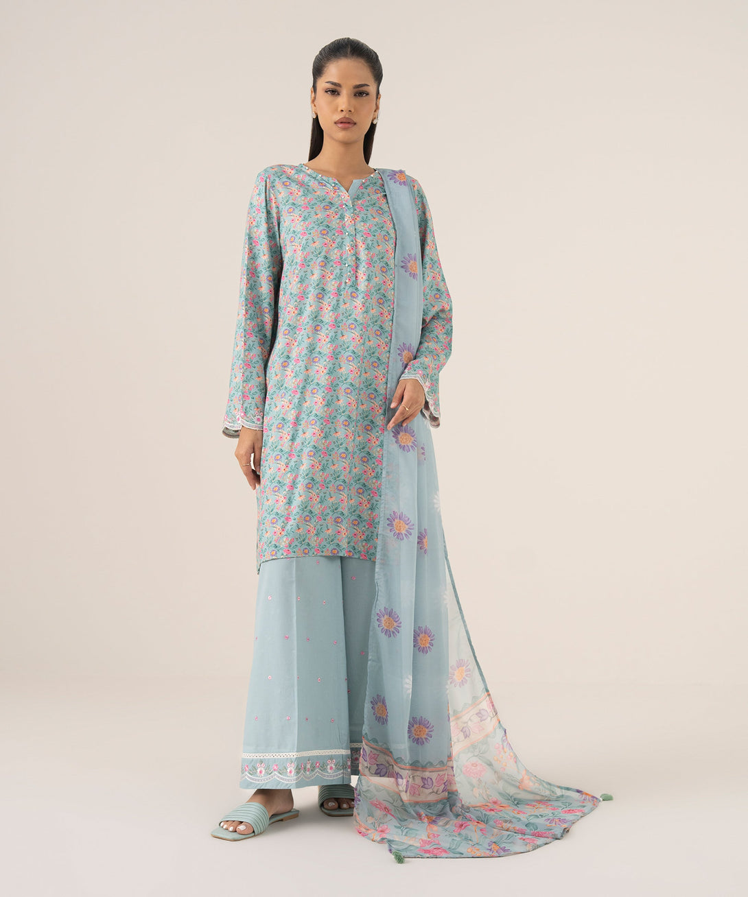Women's RTW Arabic Lawn Blue Printed A-Line Shirt