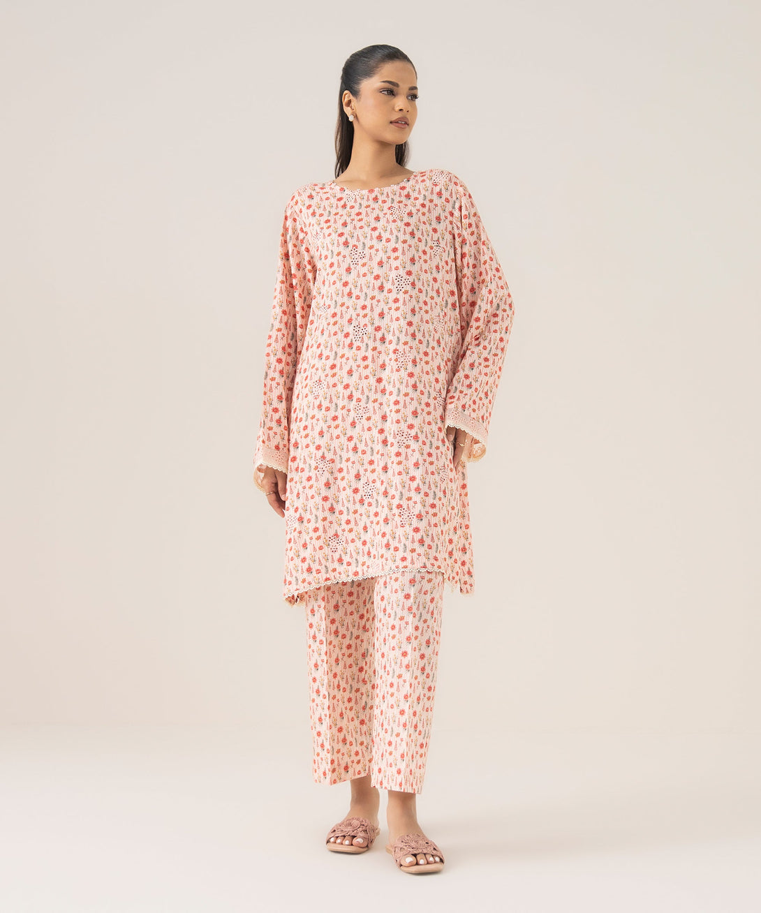 Women's RTW Arabic Lawn Pink Embroidered A-Line Shirt