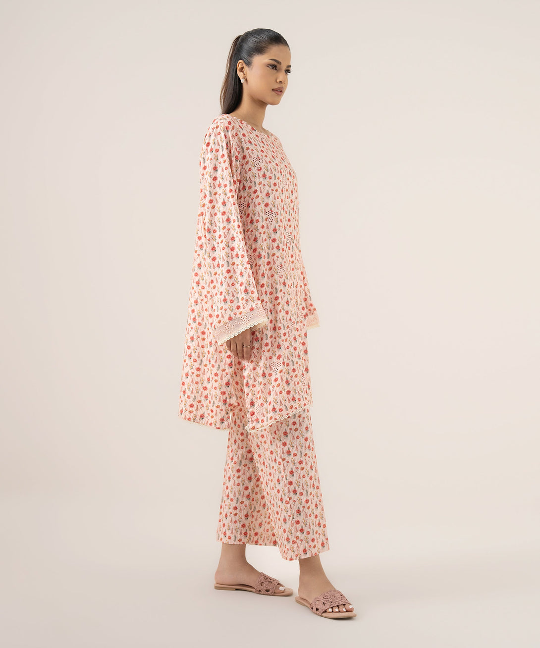 Women's RTW Arabic Lawn Pink Embroidered A-Line Shirt