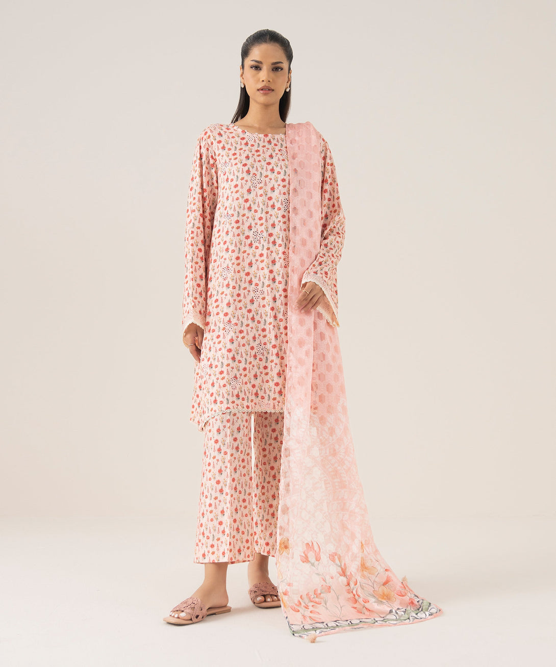Women's RTW Arabic Lawn Pink Embroidered A-Line Shirt