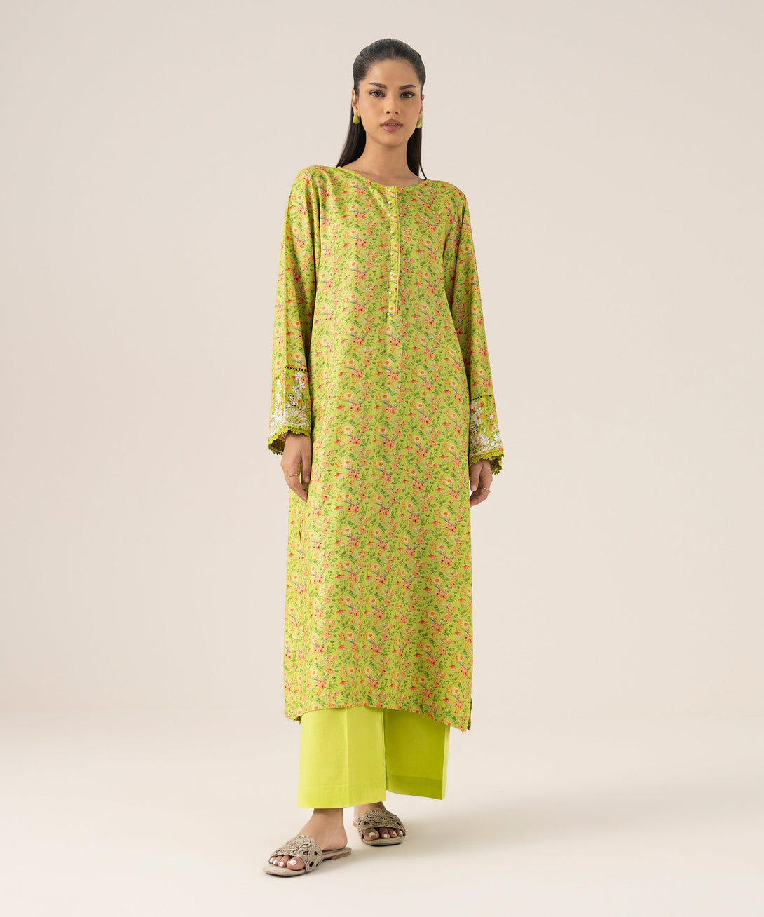 Women's RTW Arabic Lawn Green Embroidered A-Line Shirt