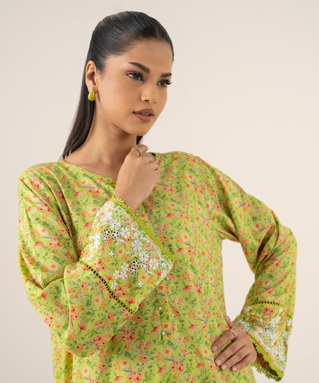Women's RTW Arabic Lawn Green Embroidered A-Line Shirt