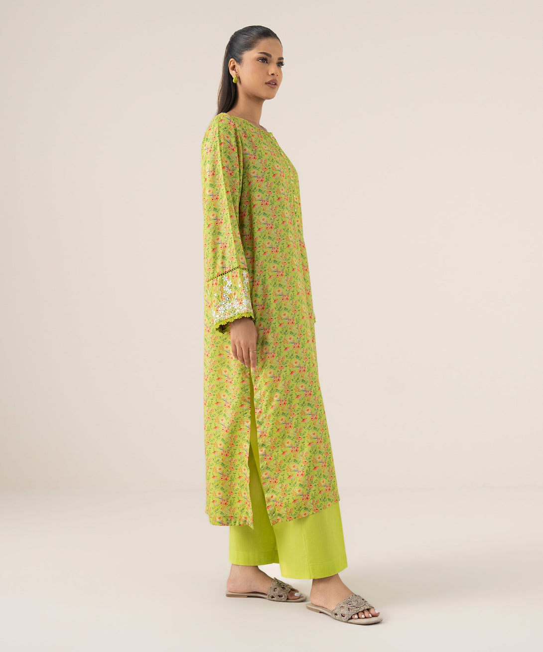 Women's RTW Arabic Lawn Green Embroidered A-Line Shirt