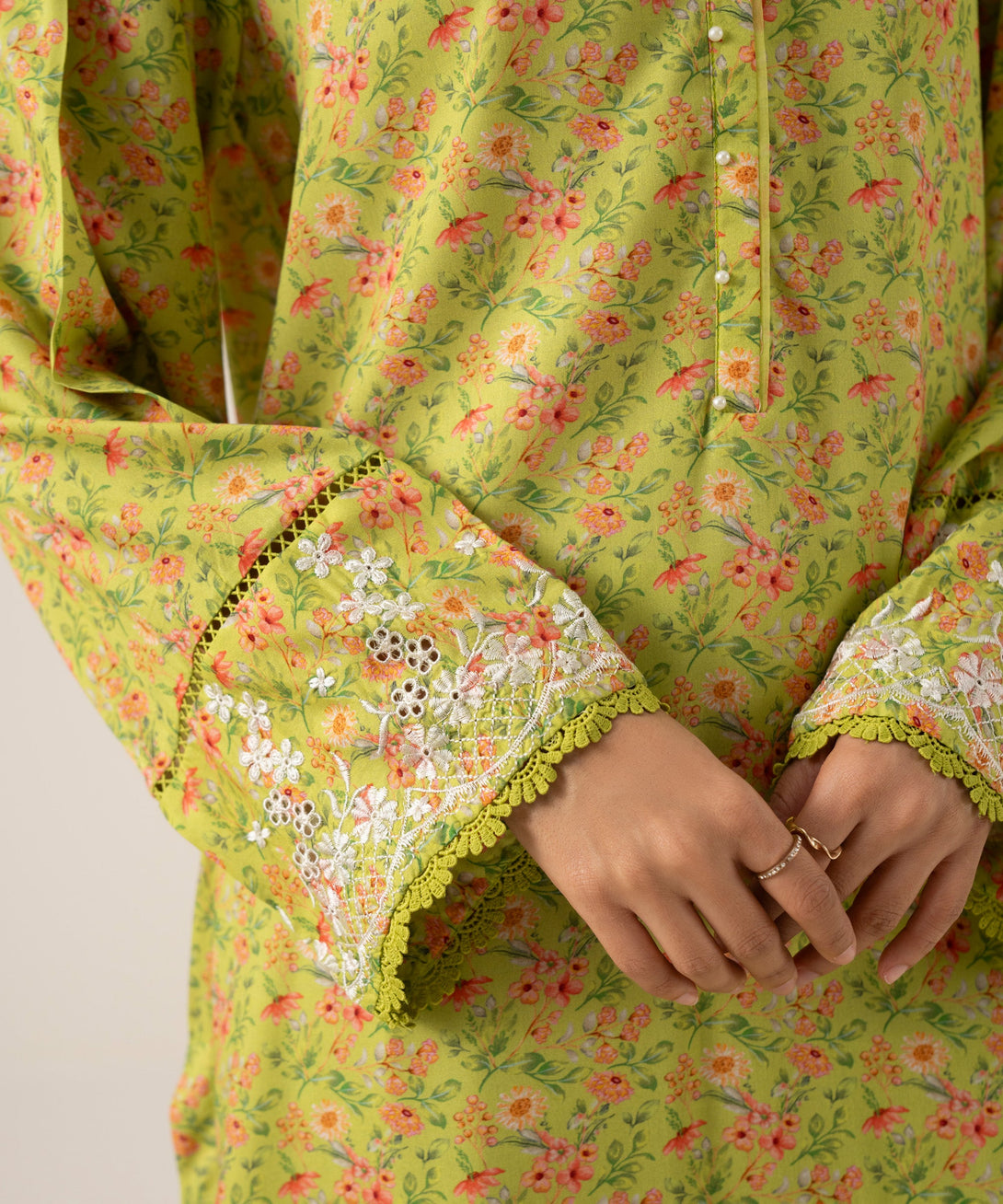 Women's RTW Arabic Lawn Green Embroidered A-Line Shirt