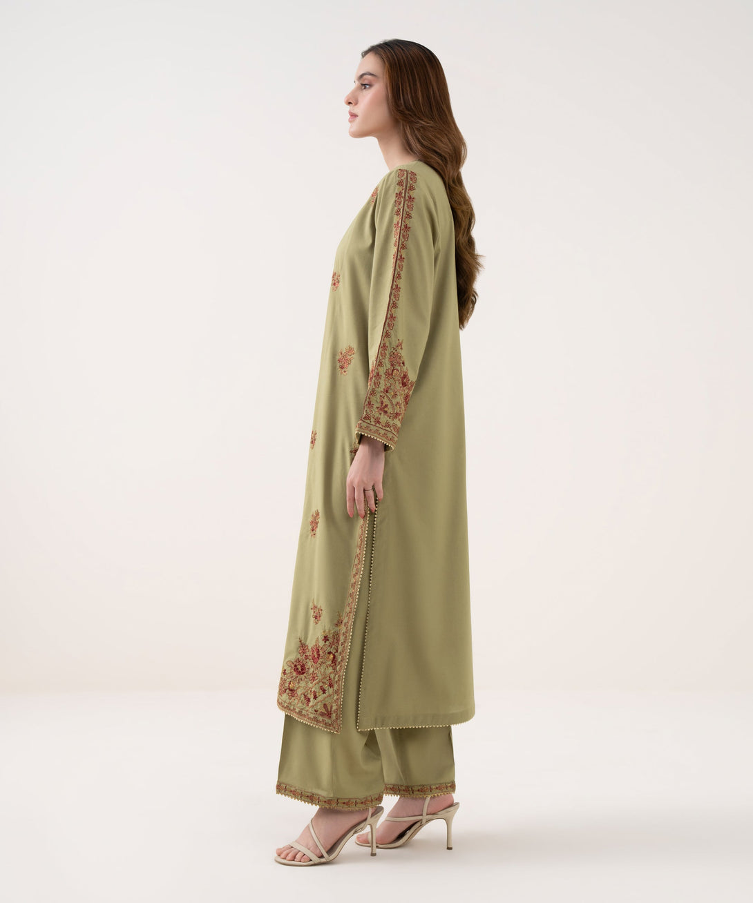 Women's RTW Cotton Viscose Embroidered Green A-Line Shirt