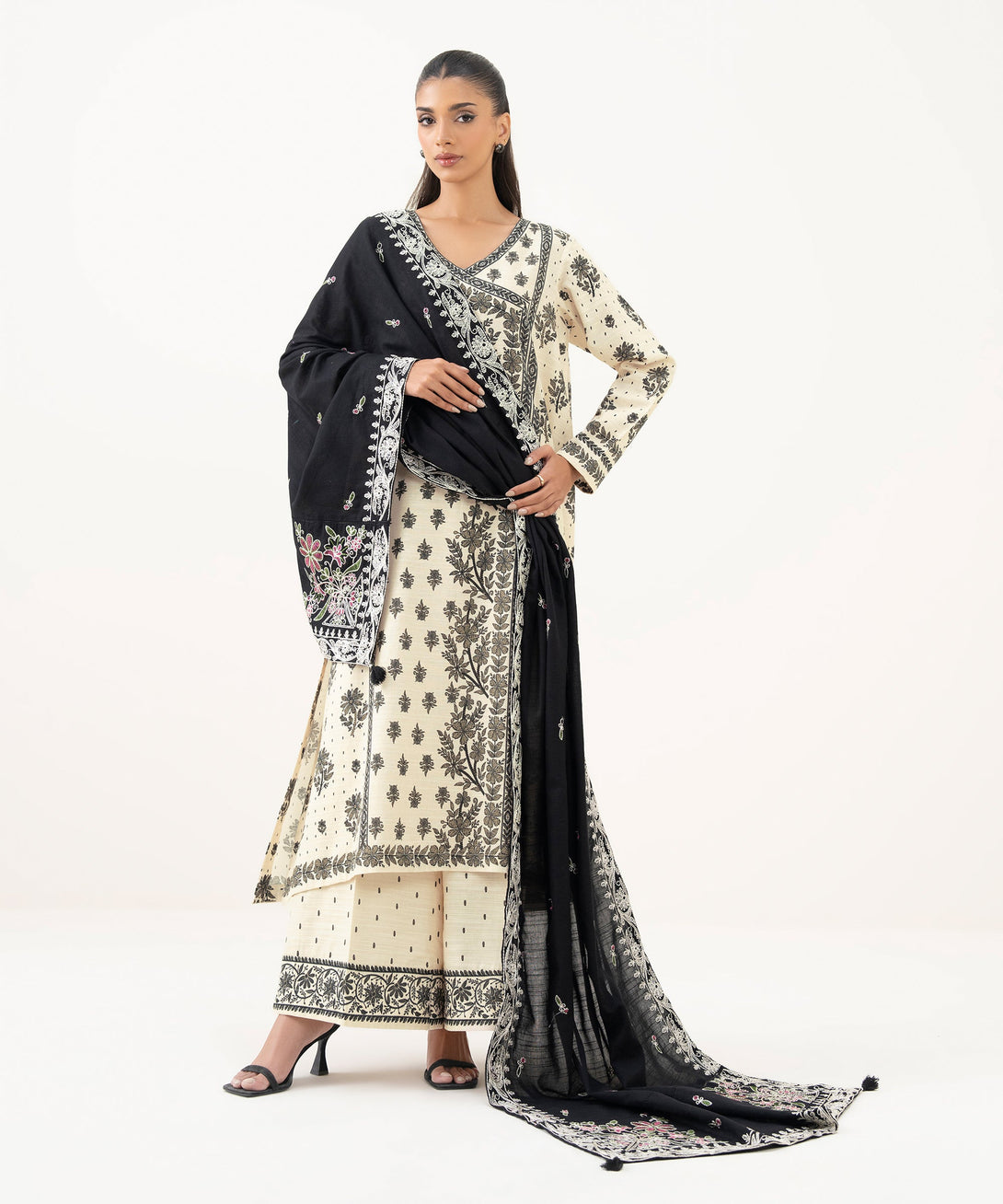 Women's RTW Light Khaddar Printed A-Line Off White Shirt