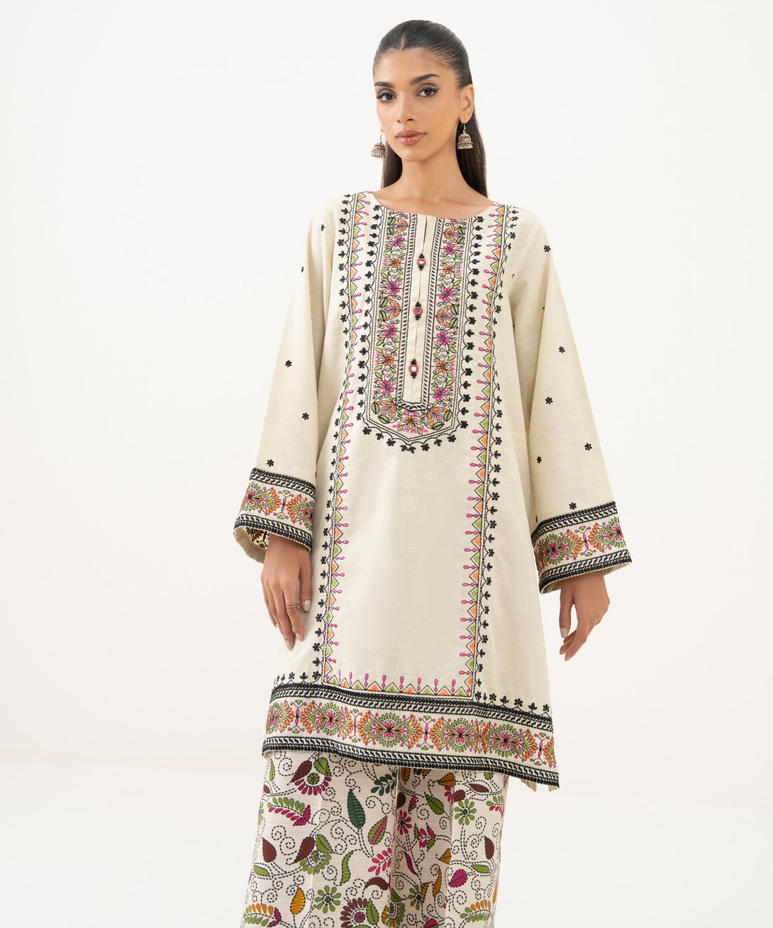 Women's RTW Light Khaddar Embroidered A-Line Off White Shirt