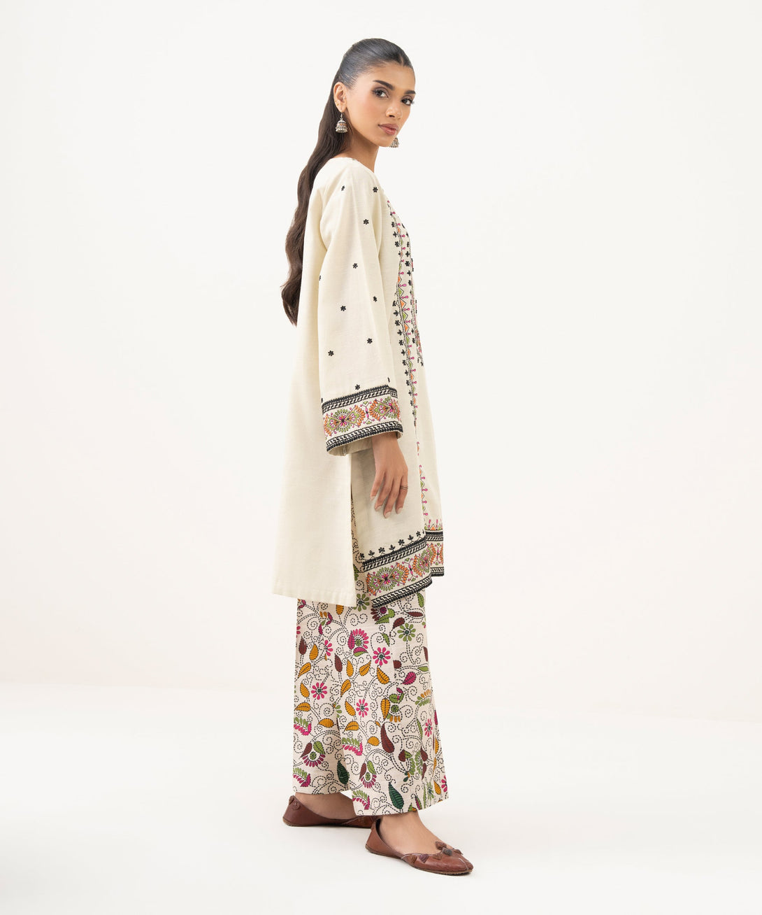 Women's RTW Light Khaddar Embroidered A-Line Off White Shirt