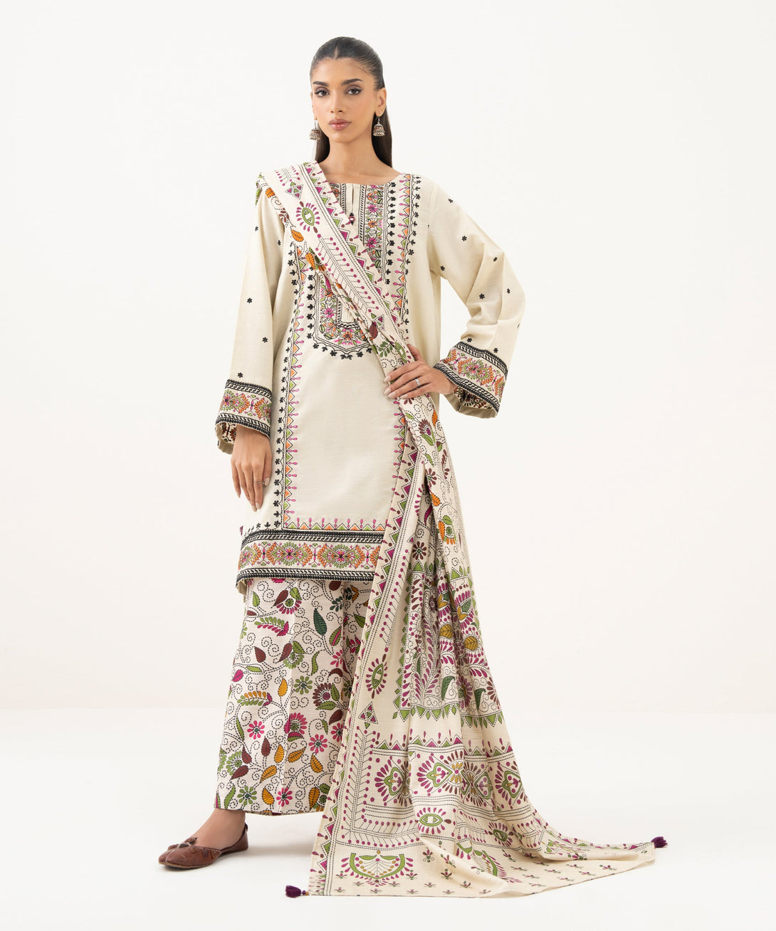 Women's RTW Light Khaddar Embroidered A-Line Off White Shirt