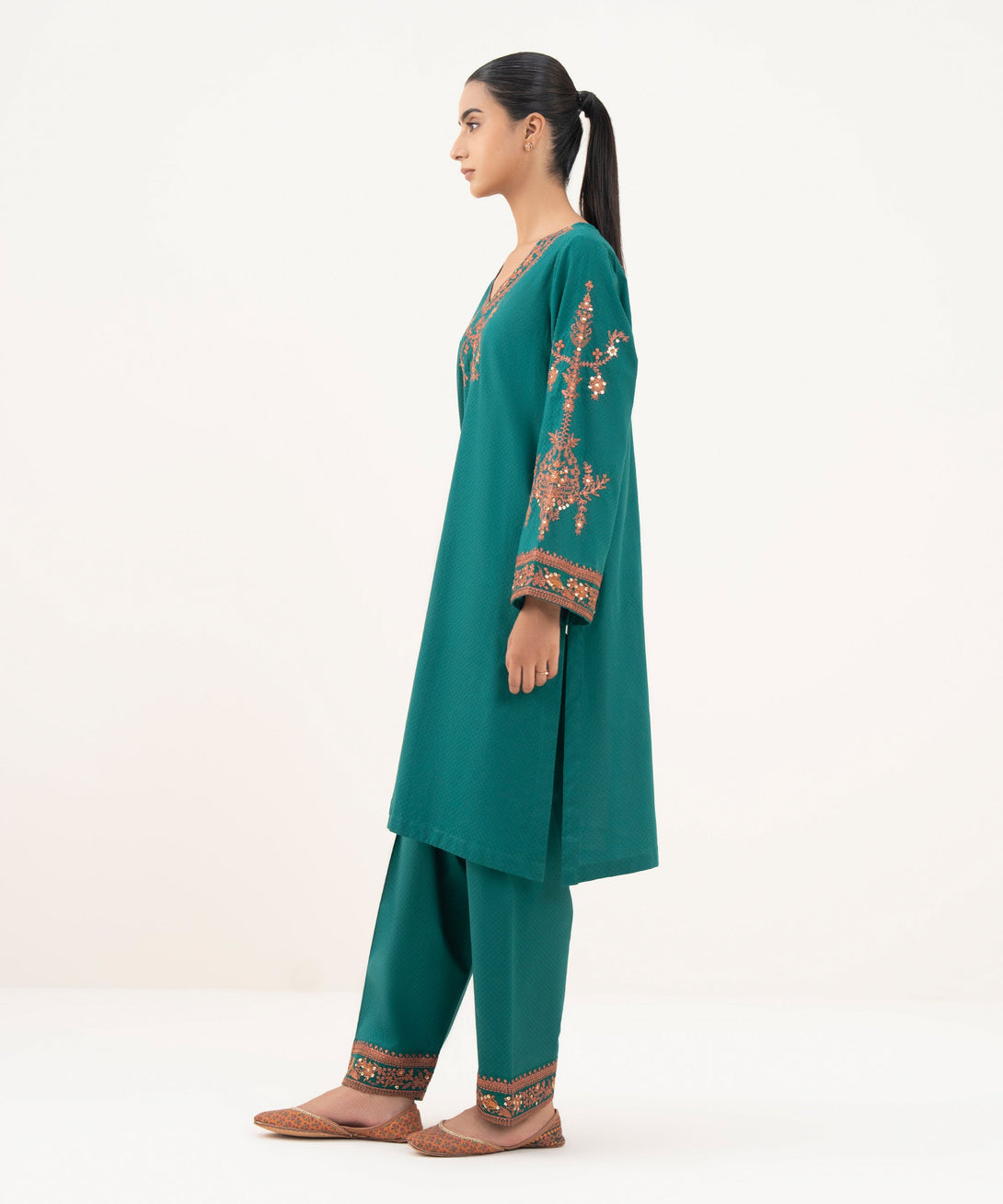 Women's RTW Textured Lawn Green Embroidered A-Line Shirt