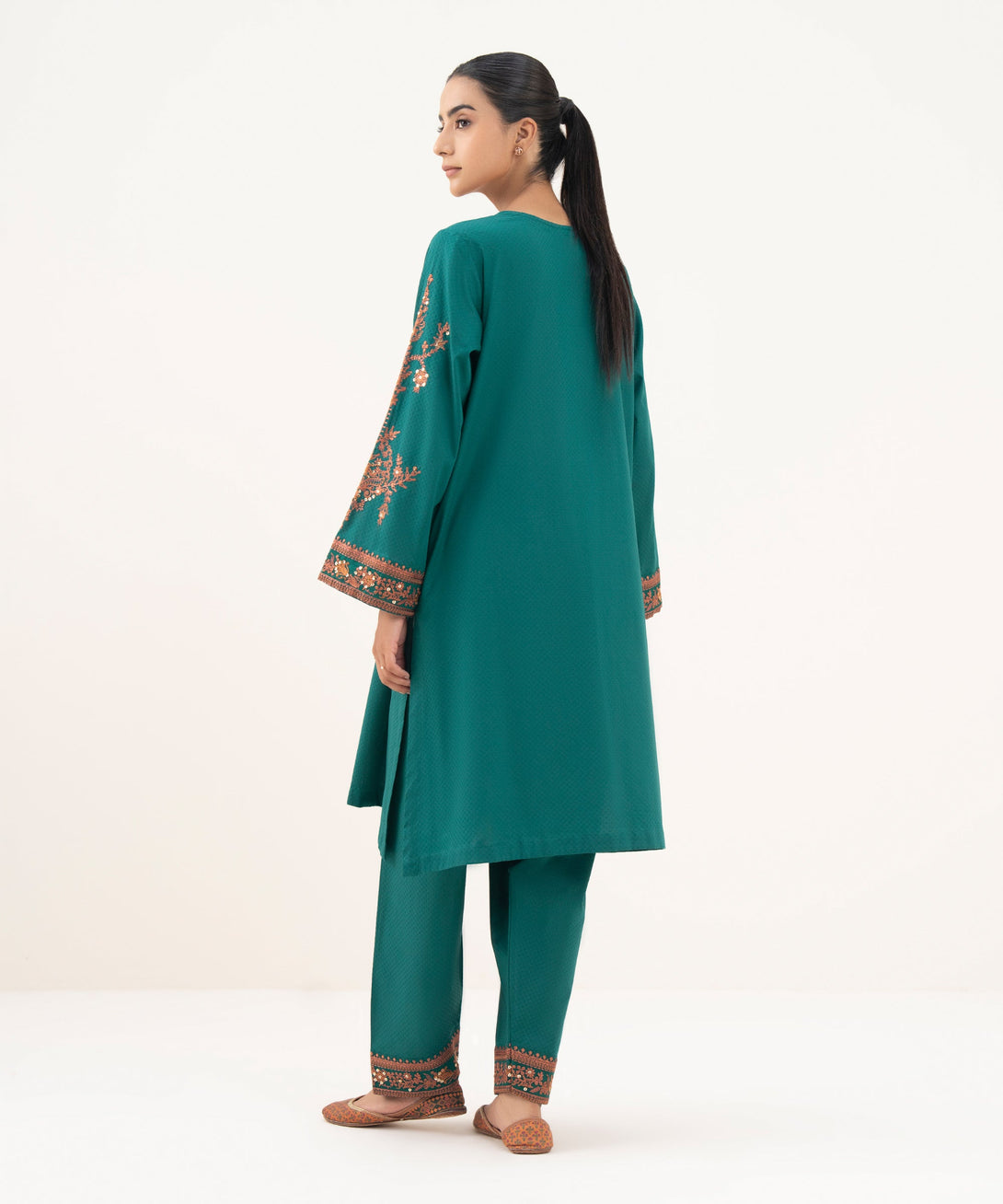 Women's RTW Textured Lawn Green Embroidered A-Line Shirt