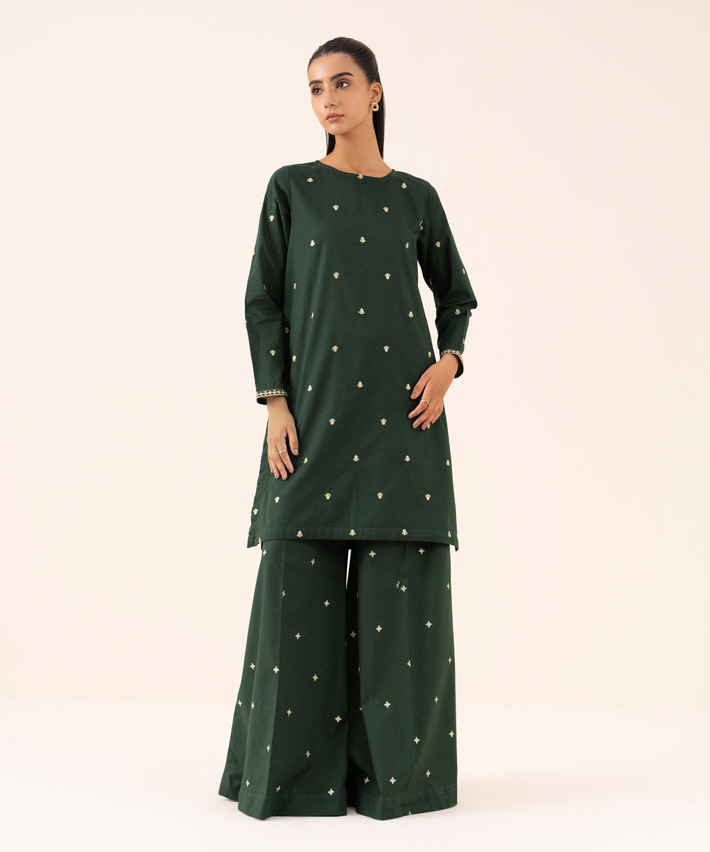 Women's RTW Textured Cotton Green Embroidered A-Line Shirt