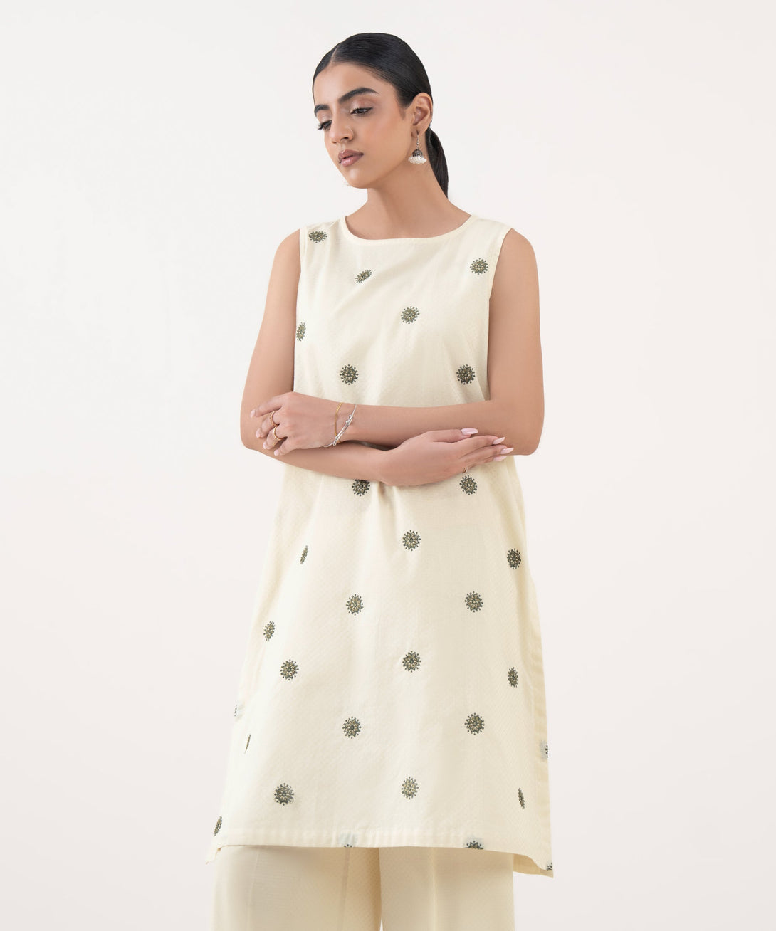 Women's RTW Textured Cotton White Embroidered A-Line Shirt