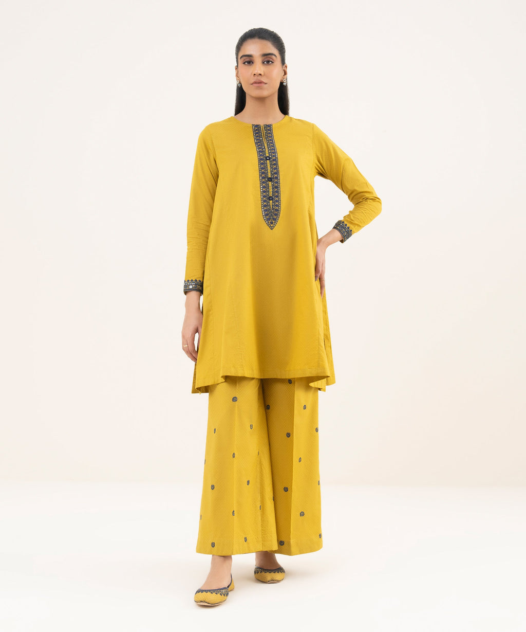 Women's RTW Textured Cotton Yellow Embroidered A-Line Shirt