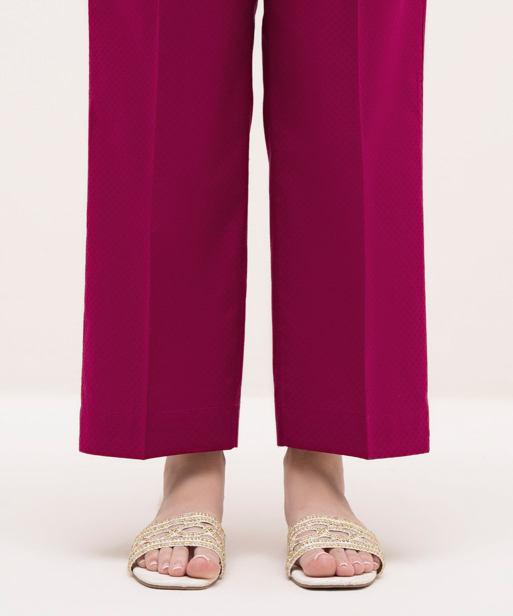 Women's RTW Textured Lawn Pink Solid Straight Pants
