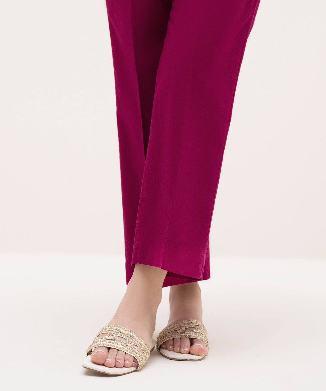 Women's RTW Textured Lawn Pink Solid Straight Pants