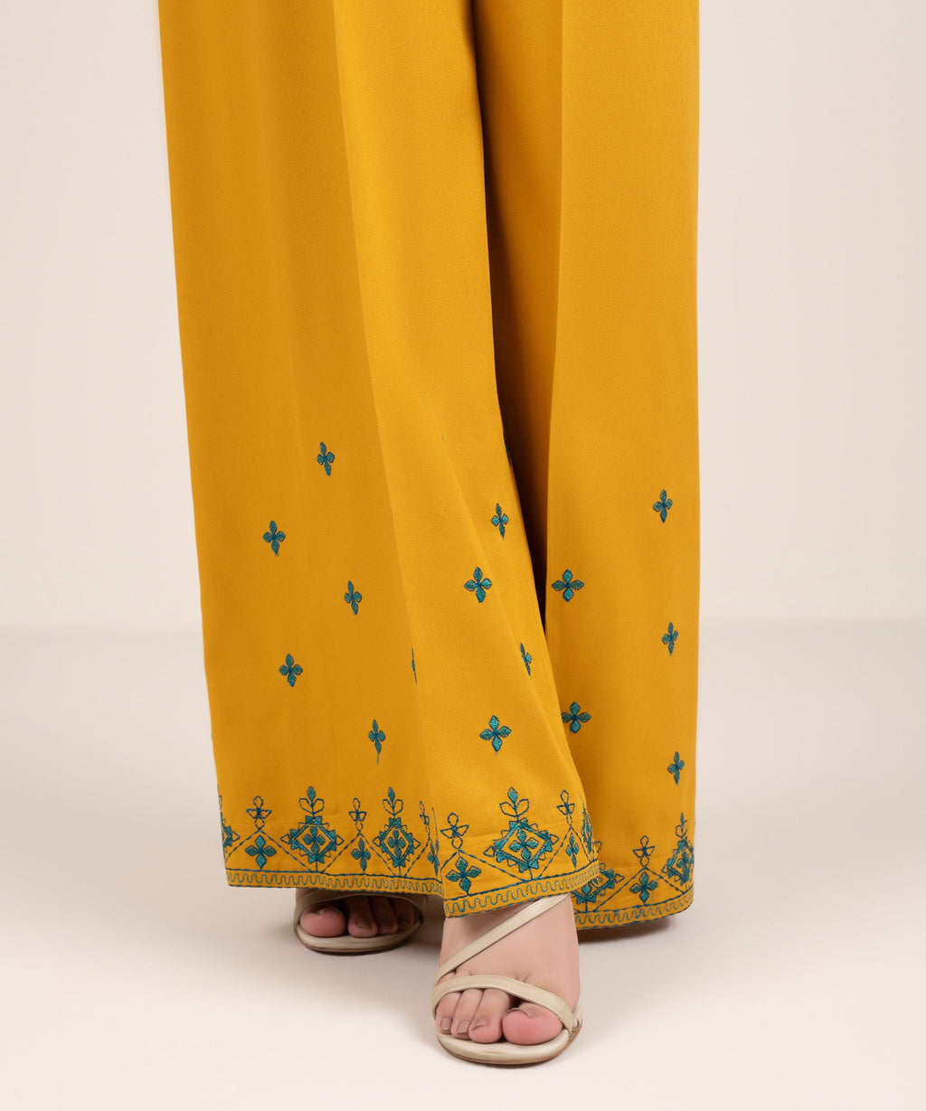 Women's RTW Viscose Marina Embroidered Yellow Flared Pants