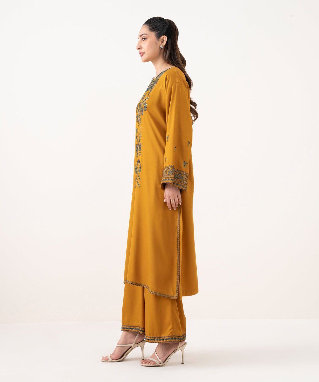 Women's RTW Bedford  Embroidered Mustard Drop Shoulder Shirt