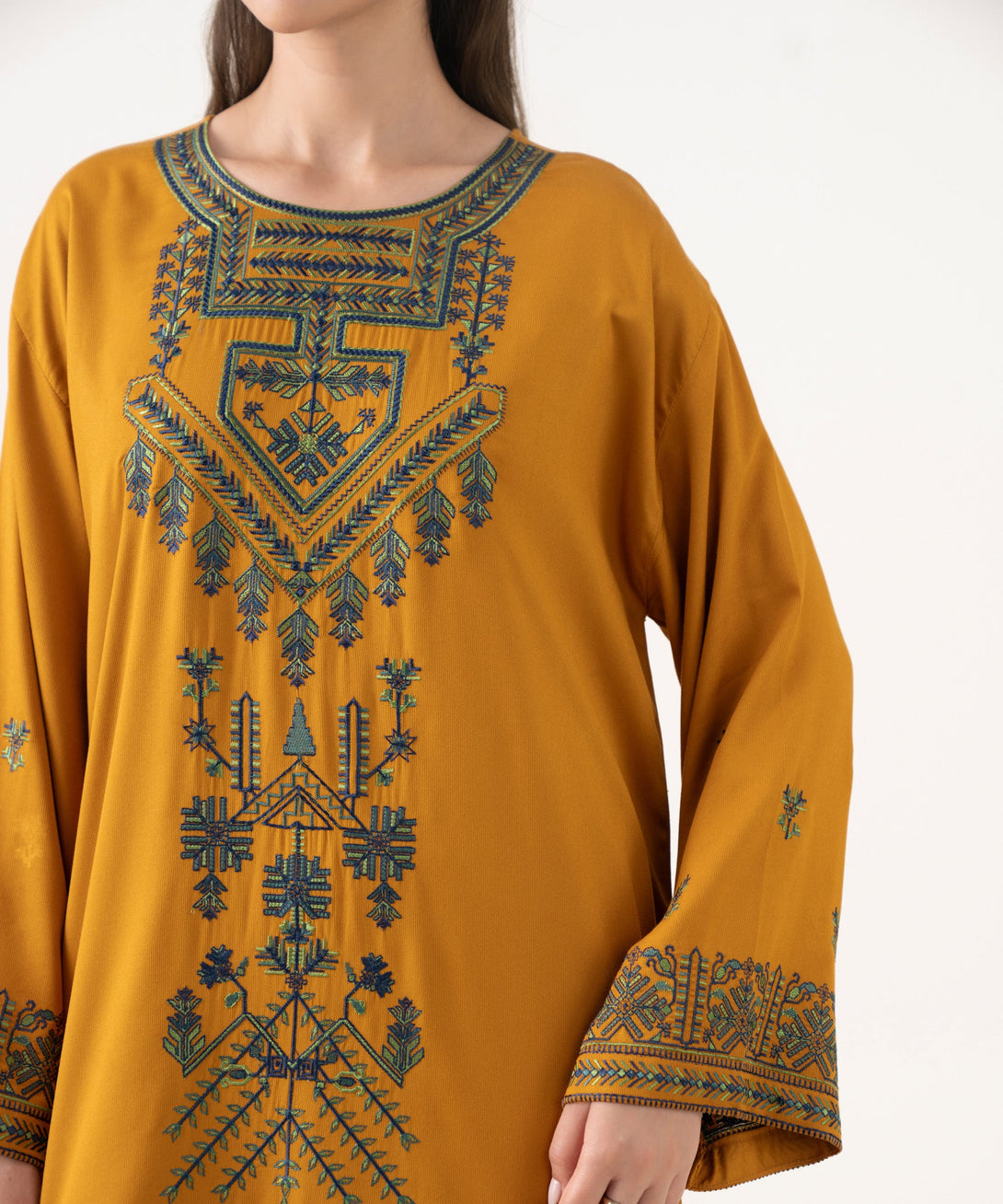 Women's RTW Bedford  Embroidered Mustard Drop Shoulder Shirt