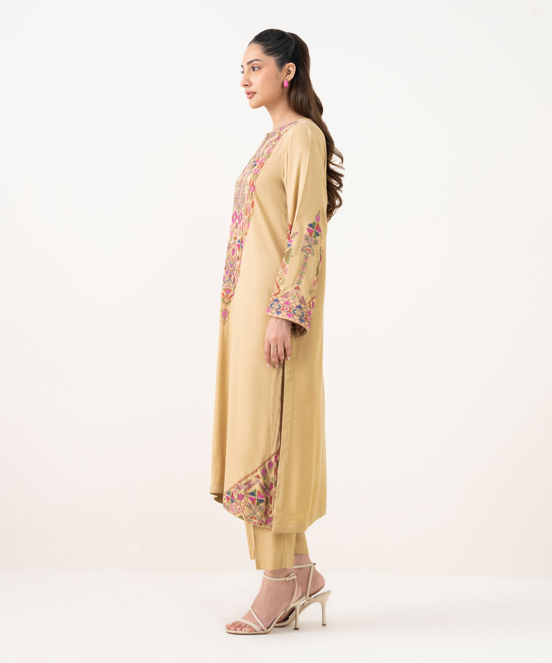 Women's RTW Bedford  Embroidered Beige A-Line Shirt