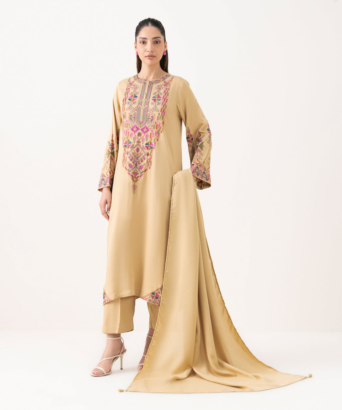 Women's RTW Bedford  Embroidered Beige A-Line Shirt