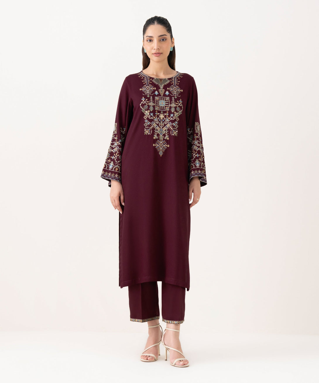 Women's RTW Bedford  Embroidered Maroon A-Line Shirt