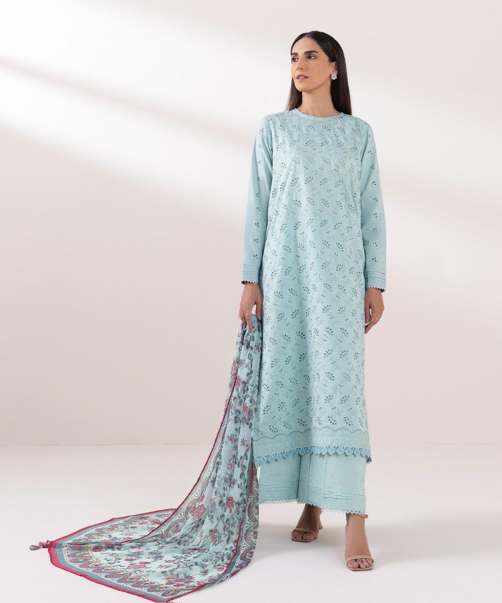 Women's Blended Chiffon Pastel Blue Printed Dupatta