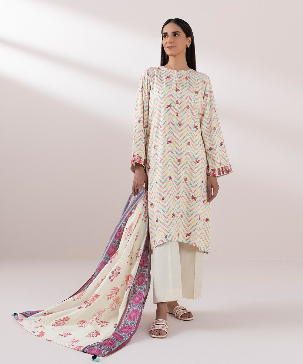 Women's Fine Voile Cream Printed Dupatta