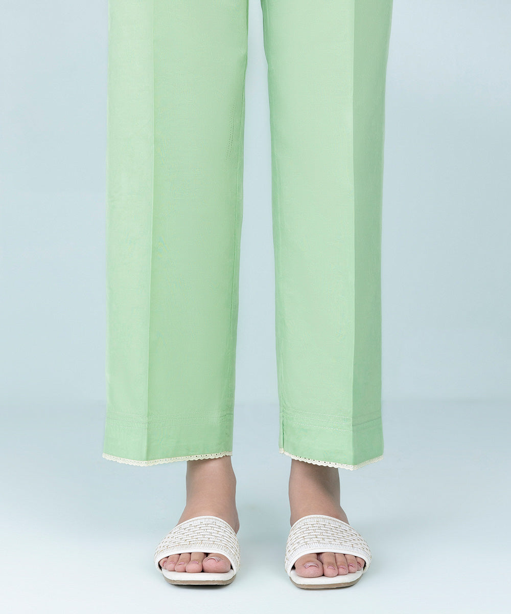 Women's Pret Cotton Jacquard Pistachio Green Printed Straight Pants