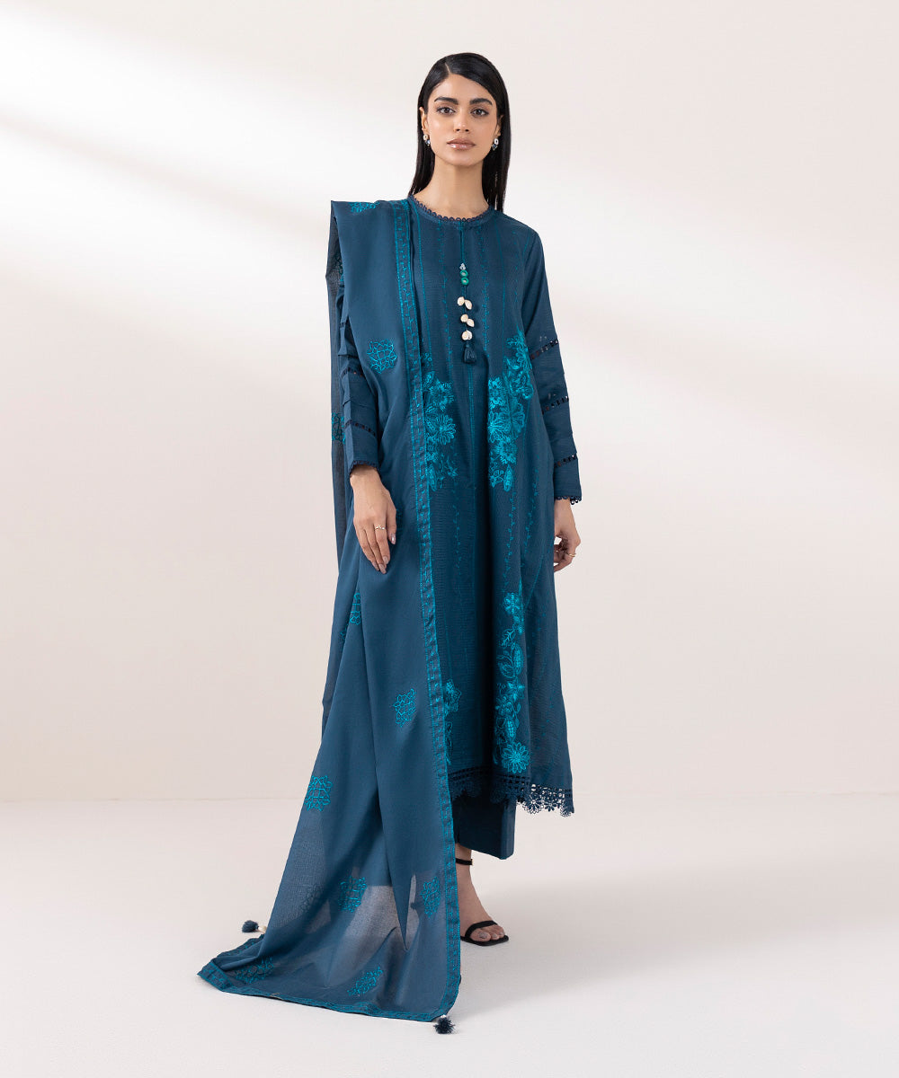 Fine Voile Embroidered Blue Dupatta