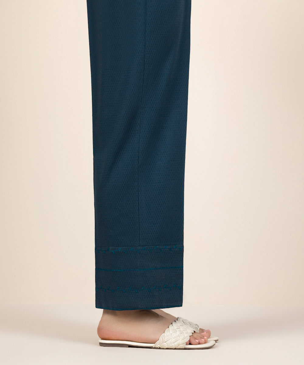 Women's Pret Dobby Embroidered Blue Straight Pants