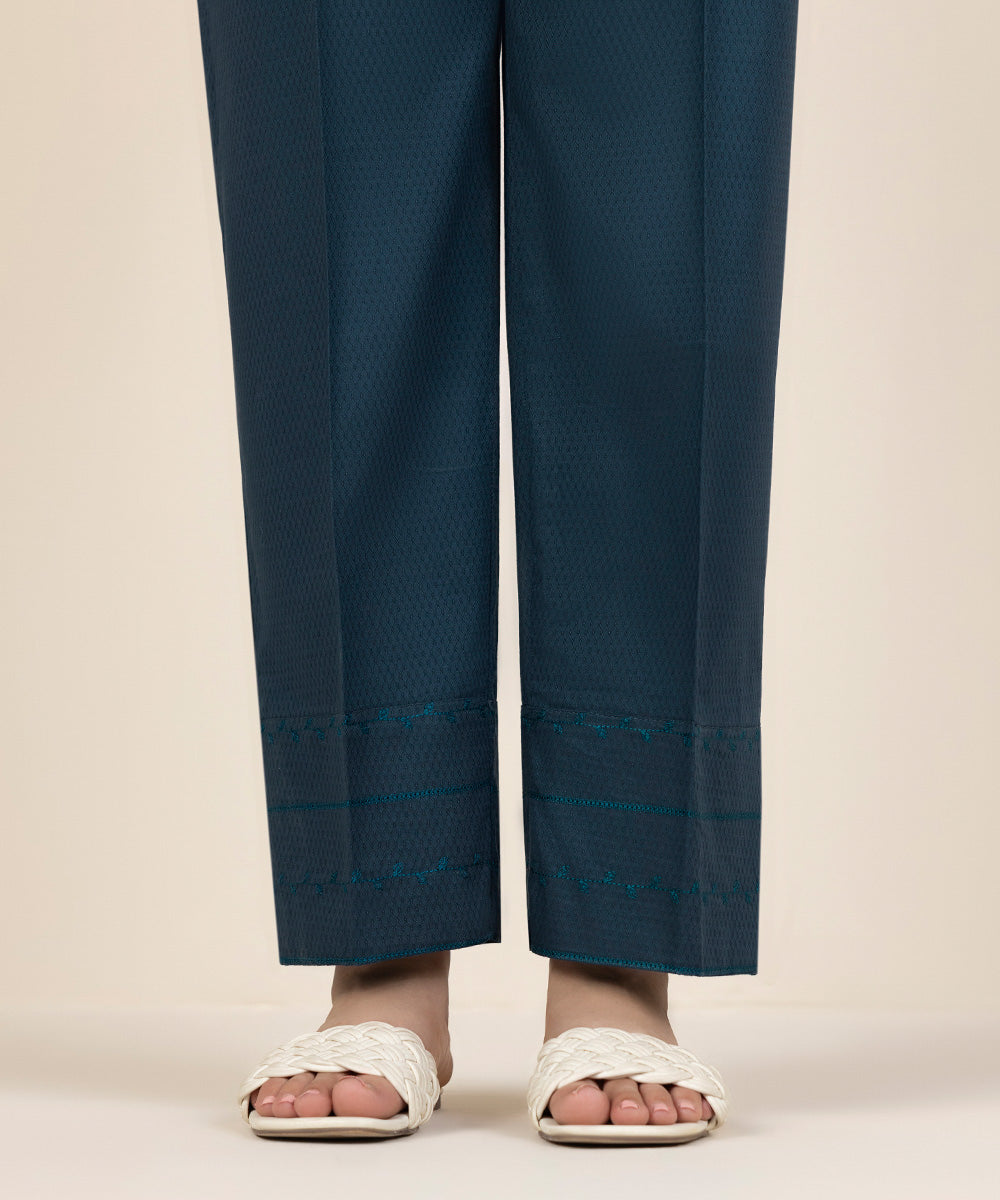 Women's Pret Dobby Embroidered Blue Straight Pants