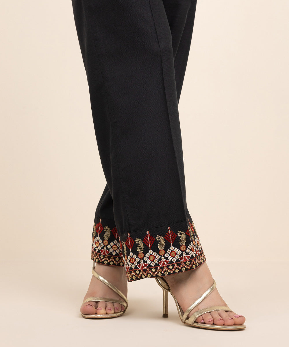 Women's Pret Dull Raw Silk Black Embroidered Straight Pants