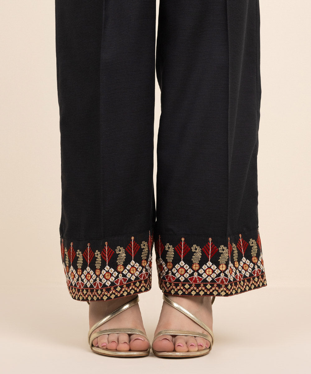 Women's Pret Dull Raw Silk Black Embroidered Straight Pants