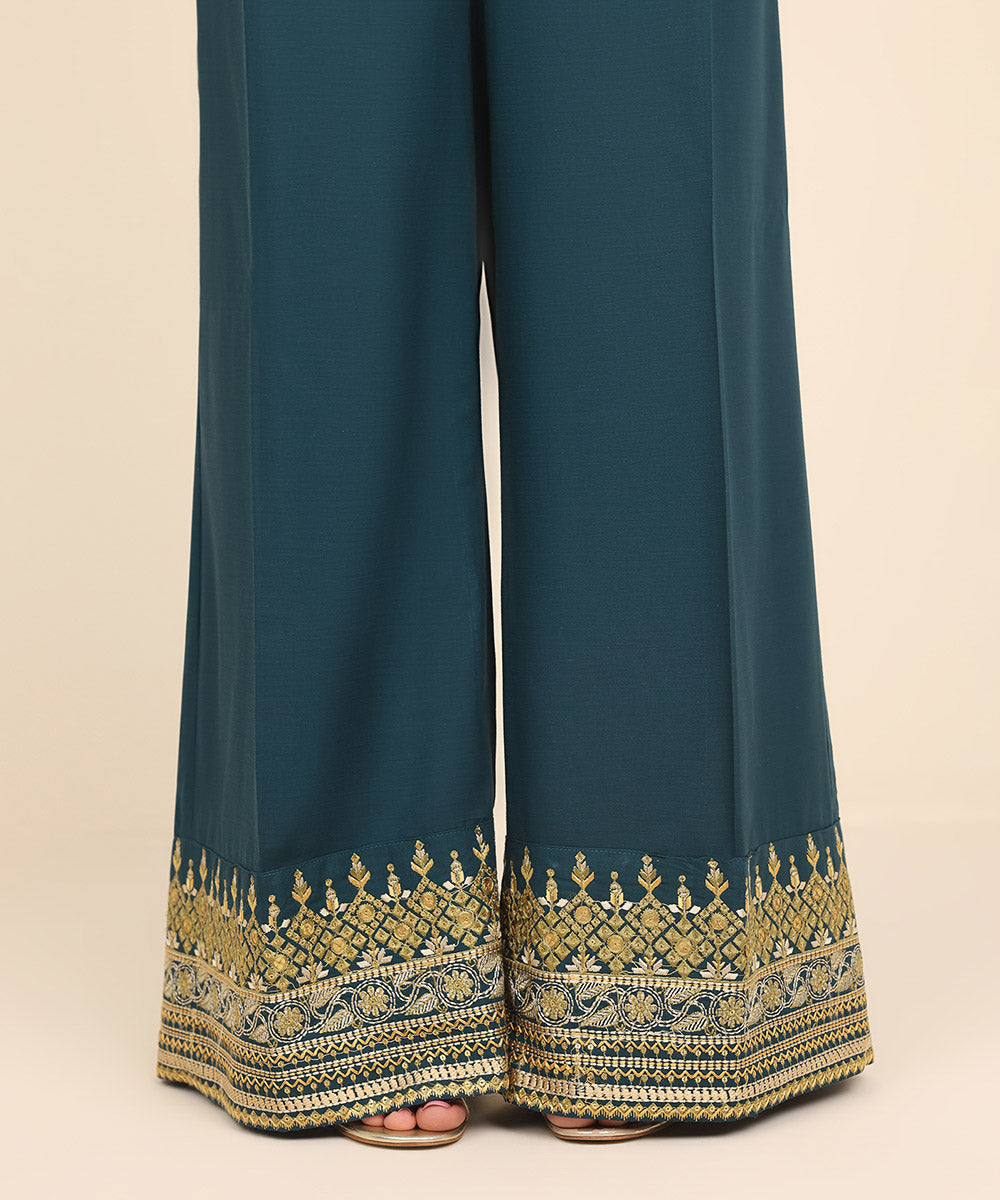 Women's Pret Dull Raw Silk Green Embroidered Flared Pants