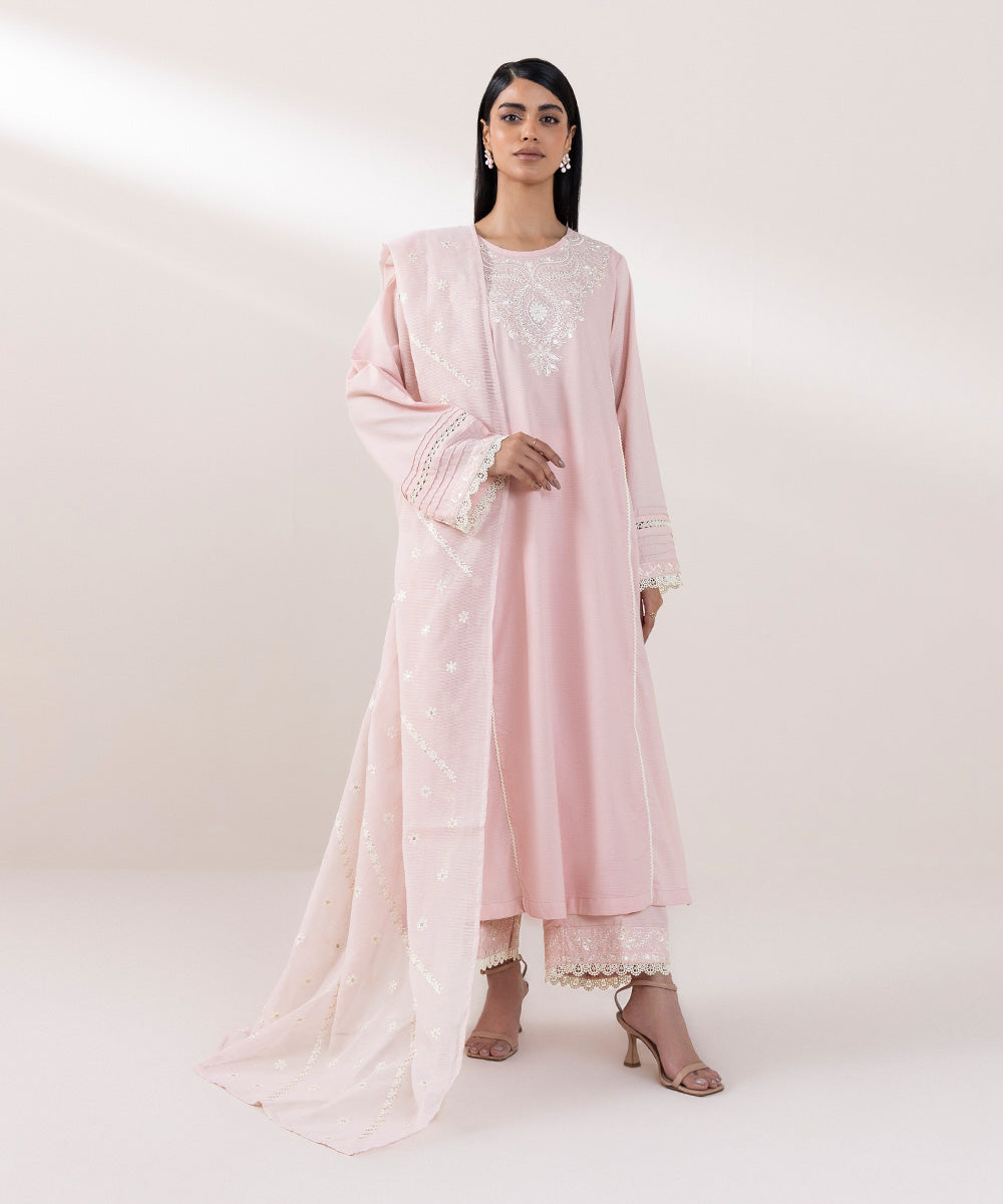 Blended Textured Karandi Embroidered Pink Dupatta