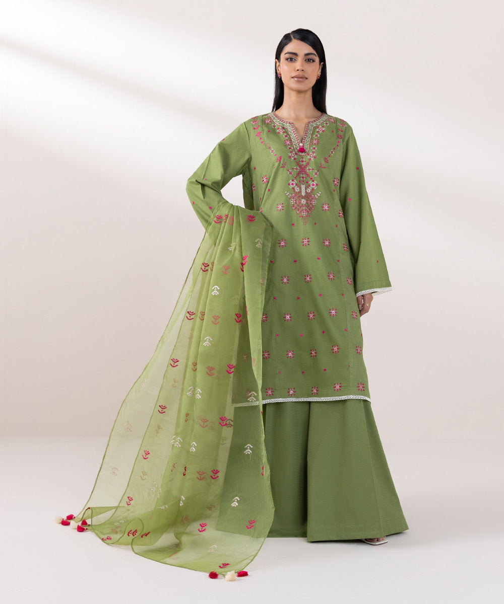 Blended Organza Embroidered Green Dupatta