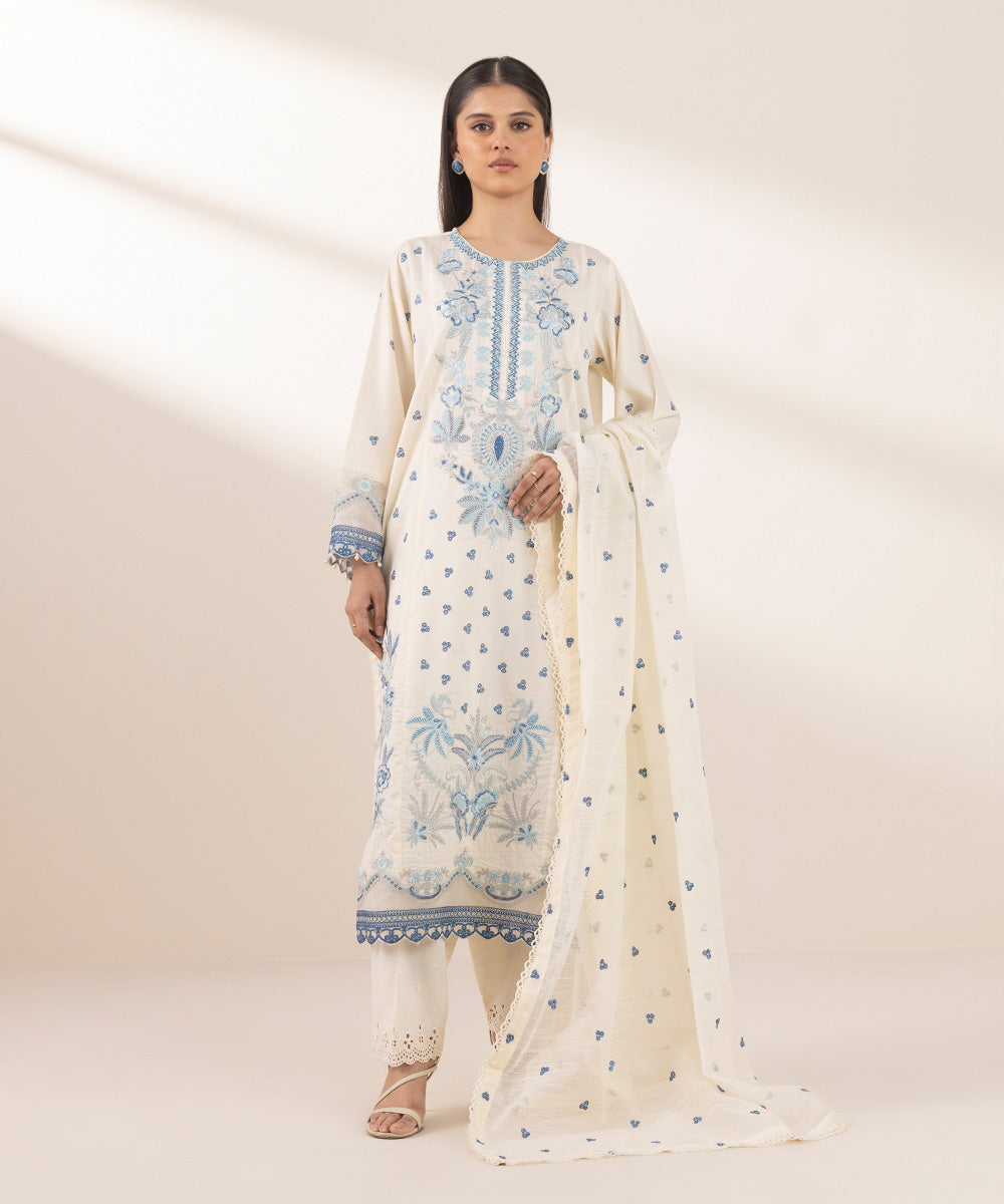 Blended Raw Net Off White Embroidered Dupatta