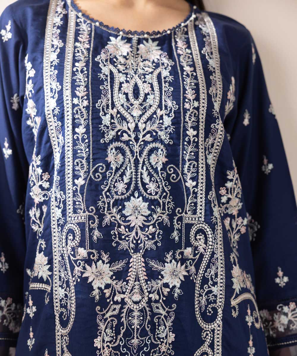 Women's Pret Cotton Satin Blue Embroidered A-Line Shirt