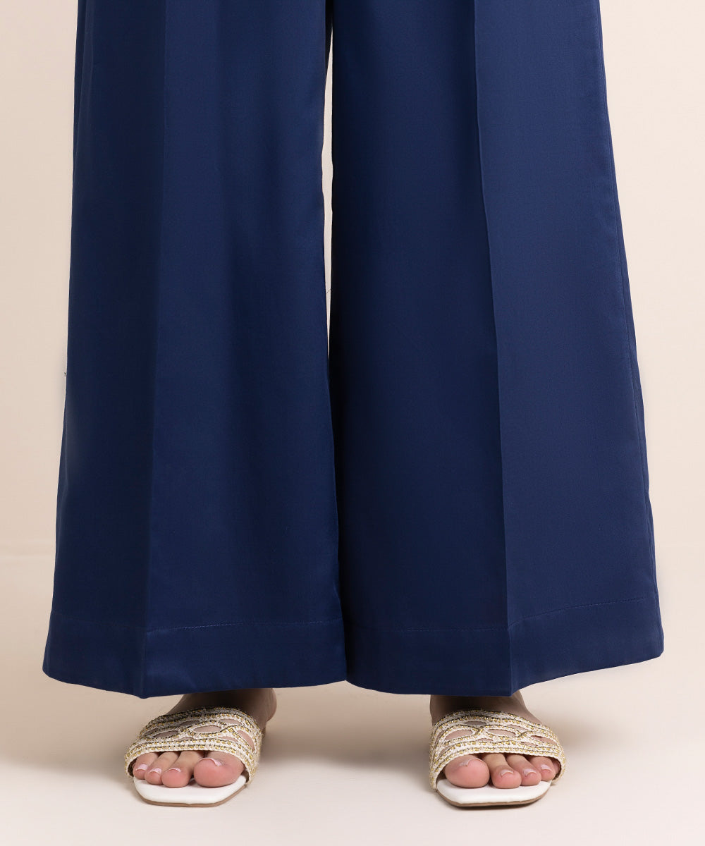 Women's Pret Blended Satin Blue Solid Culottes