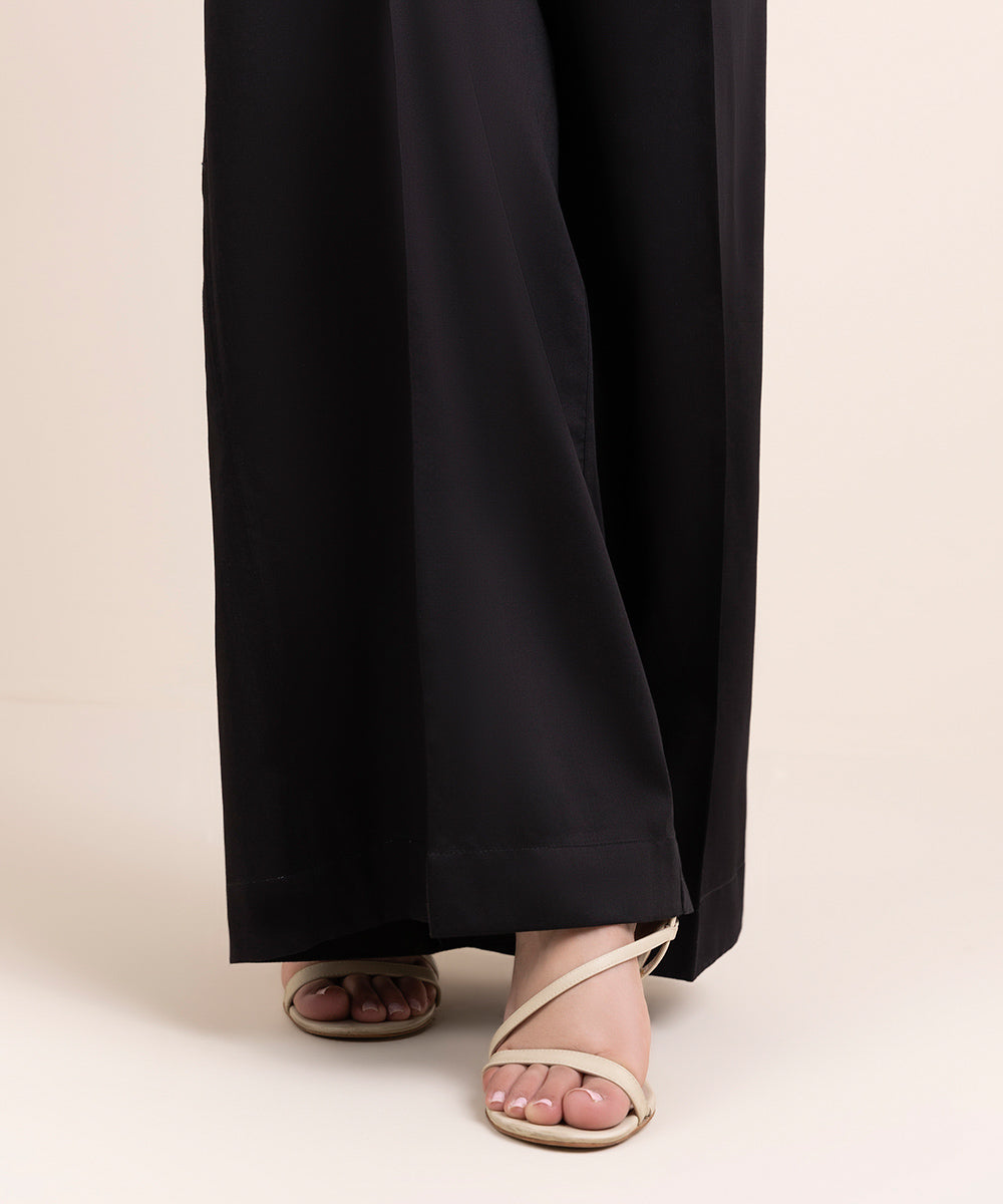 Women's Pret Blended Satin Black Solid Flared Pants