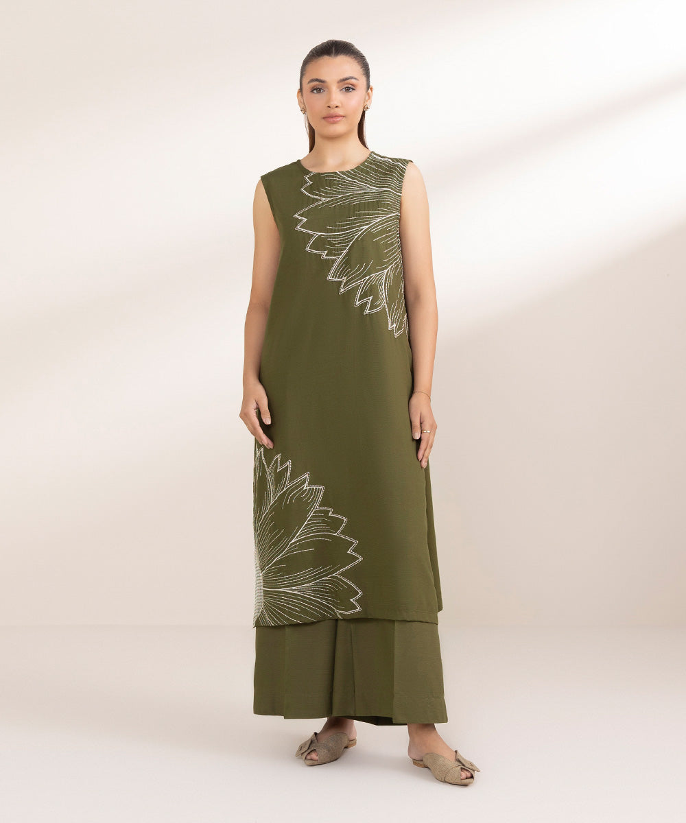 Women's Pret Raw Silk Embroidered Green A-Line Shirt