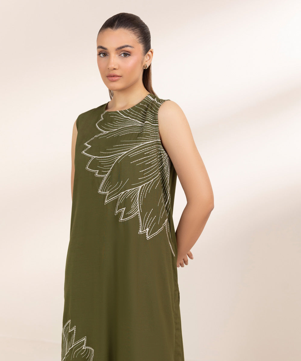 Women's Pret Raw Silk Embroidered Green A-Line Shirt