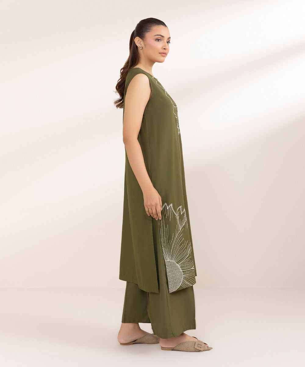 Women's Pret Raw Silk Embroidered Green A-Line Shirt