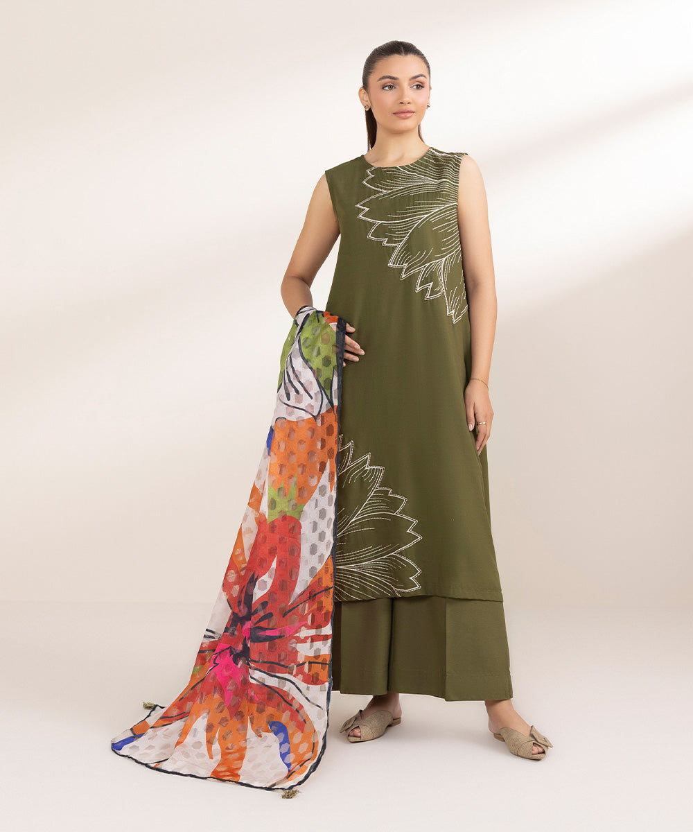 Women's Pret Raw Silk Embroidered Green A-Line Shirt