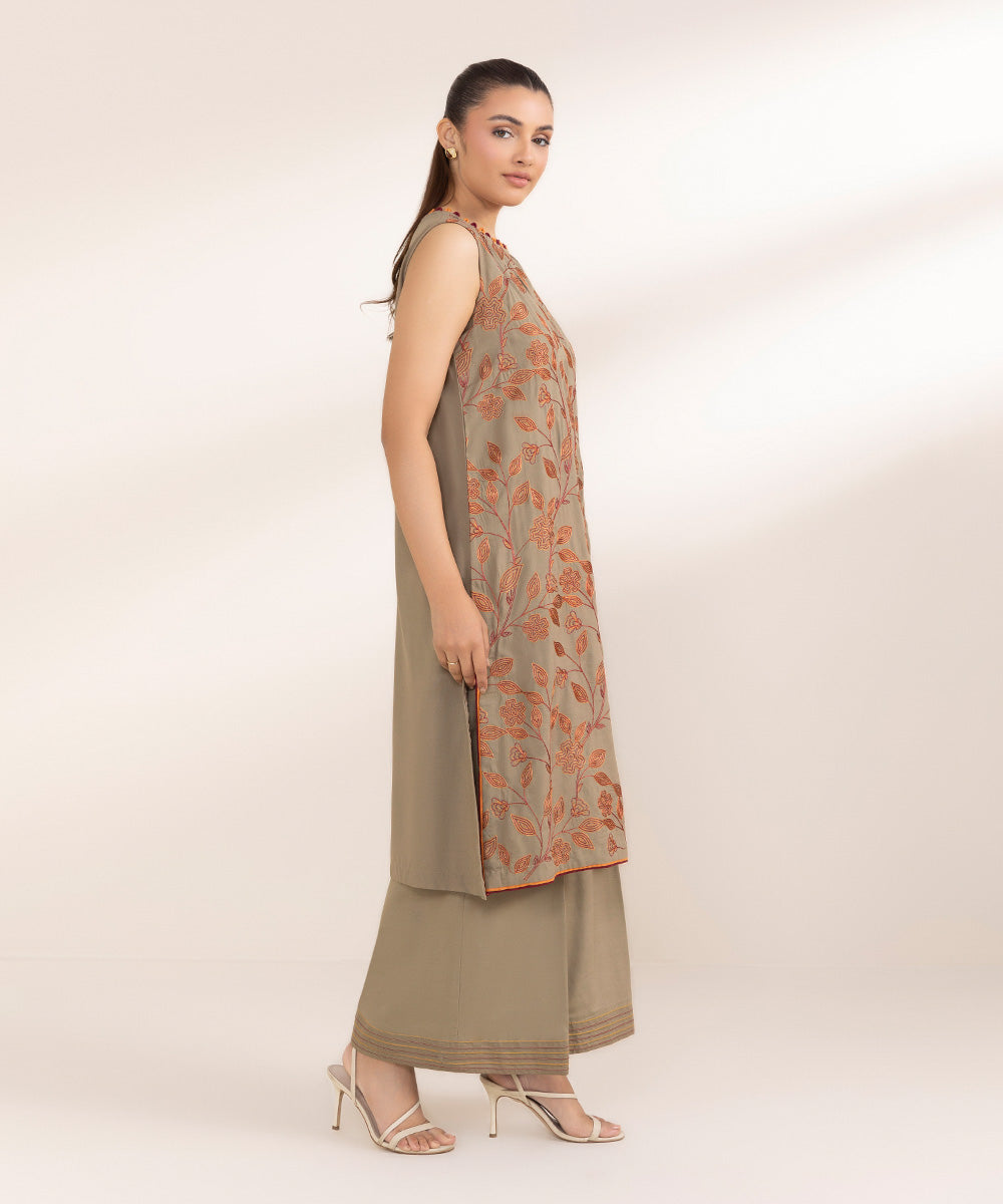 Women's Pret Raw Silk Embroidered Brown A-Line Shirt