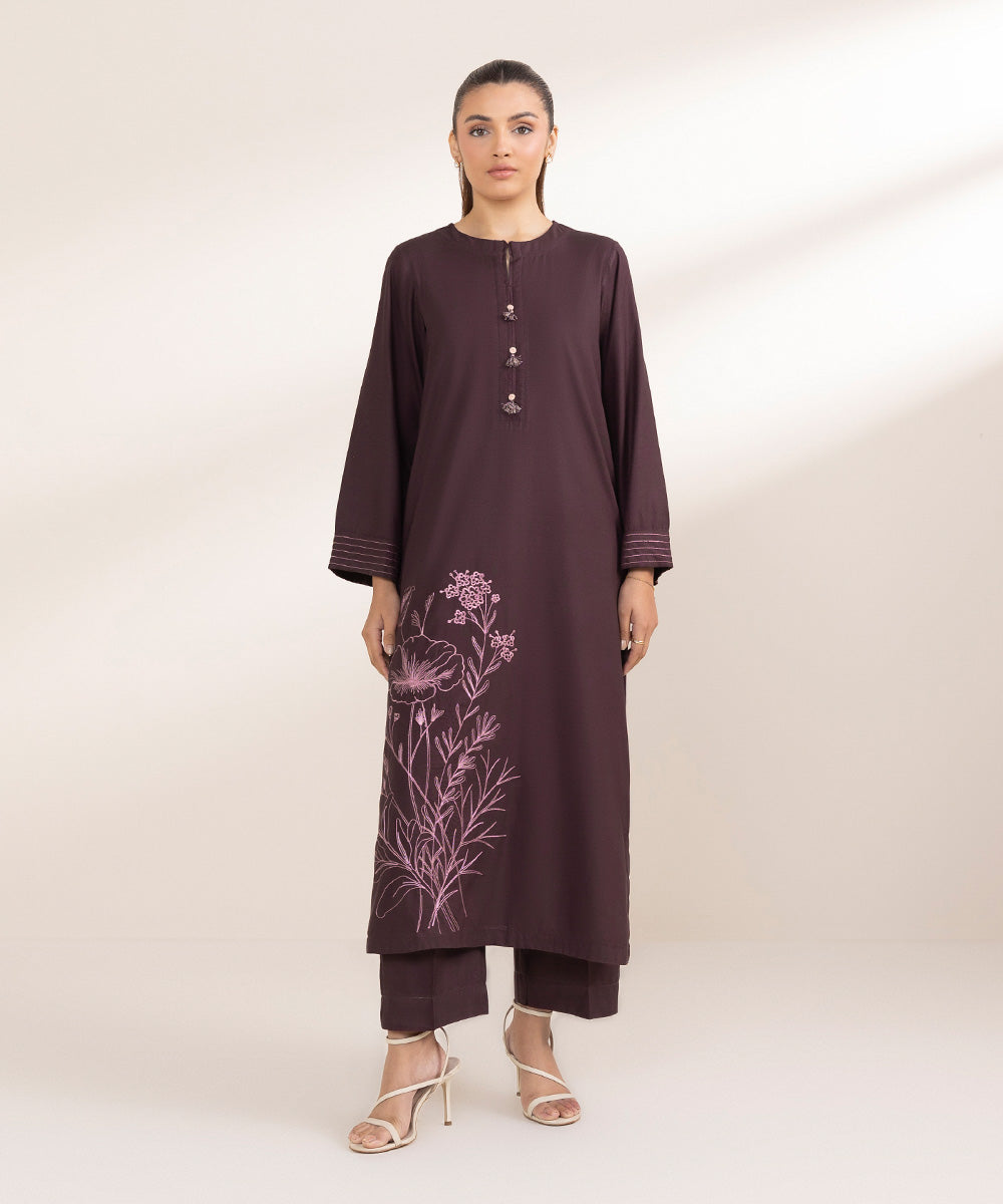 Women's Pret Raw Silk Embroidered Purple A-Line Shirt