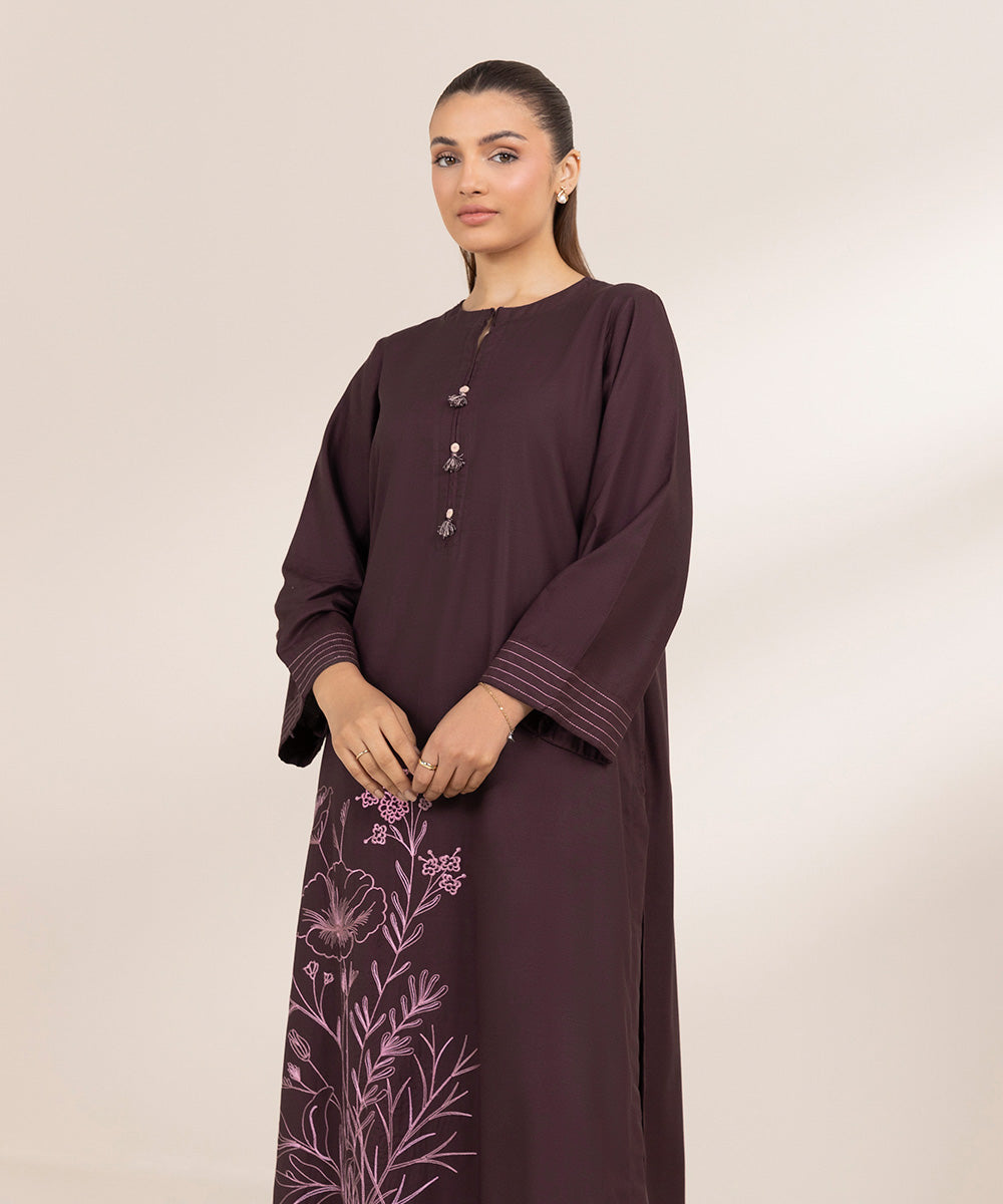 Women's Pret Raw Silk Embroidered Purple A-Line Shirt